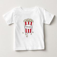 Fun Movie Theater Popcorn in Red White Bucket Baby T-Shirt - fun gifts funny diy customize personal White Crew Neck T-shirt For Playtime, White Tops With Funny Print For Playtime, White Cotton T-shirt For Playtime, Unisex White T-shirt For Playtime, White Graphic Tee For Playtime, White Letter Print T-shirt For Playtime, White Tshirt Painting Ideas, Unisex White T-shirt With Cartoon Print, White T Shirt Painting Ideas