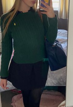 sixth form outfit inspo🎀📚 dark green ralph lauren knit black skirt black loafers with gold detail Sixth Form Outfit, Outfit Inspo Dark, Green Dark Academia, Dark Academia Outfits, Ralph Lauren Knit, Academia Outfits, Green Jumpers