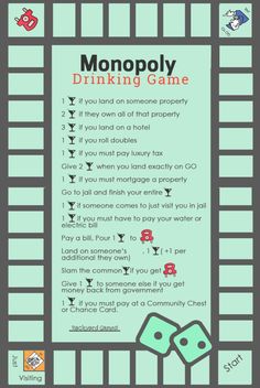 the monopoly drinking game is shown with dices on it and an arrow pointing to each other