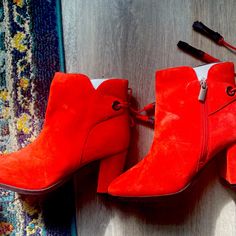 Never Worn. Us Size 9, Uk Size 7 Red Round Toe Heeled Boots For Spring, Red Heeled Boots With Round Toe For Spring, Red Round Toe Heels For Fall, Red Round Toe Booties For Winter, Red Stacked Heel Boots For Winter, Ankle-high Boots With Red Sole For Spring, Red Ankle Booties For Winter, Red Winter Ankle Booties, Trendy Red Heeled Boots For Fall