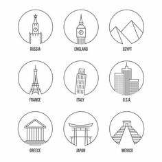 the symbols of different countries in black and white, including france, italy, japan, usa