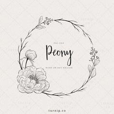 the word peony surrounded by flowers in a circle with leaves and branches around it