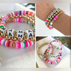 three different bracelets with the word mama written on them in gold, pink, and green