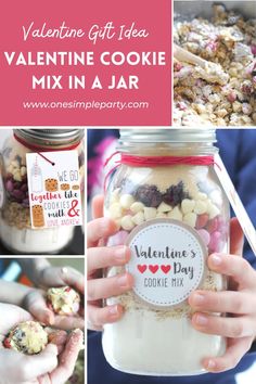 valentine's cookie mix in a jar with text overlay that reads valentine gift idea