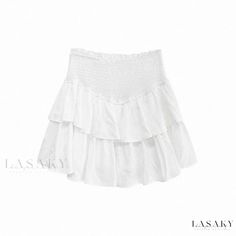 Lasaky - White Chiffon Cake Skirt with Pleated High Waist Design and Fluffy Puff Short Skirt White Tiered Bottoms For Day Out, Elegant Tiered Bottoms With Elastic Waistband, Tiered Flowy Skirt For Daywear, Solid Color Tiered Skirt For Brunch, Tiered Pleated Skirt For Brunch, Pleated Tiered Skirt For Brunch, Voluminous Ruffled Skirt For Brunch, Brunch Skirt With Ruffles And Voluminous Fit, Casual White Tiered Bottoms