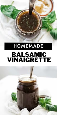 homemade balsamic vinaigrette in a jar with basil leaves around it