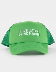 SHADY ACRES Save Water Trucker Hat - GREEN | Tillys Summer Outdoor Trucker Hat With Short Brim, Green Trucker Hat With Curved Brim For Beach, Green Trucker Hat For Beach And Summer, Green Trucker Hat For Spring Vacation, Green Summer Trucker Hat For Beach, Summer Green Trucker Hat For Beach, Lightweight Green Cap, Green Lightweight Cap, Trendy Green Trucker Hat For Beach