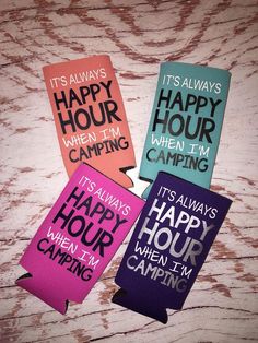 three bookmarks that say it's always happy hour camping