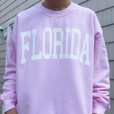 "Light pink crewneck sweatshirt with \"Florida\" in white. Super comfy & cozy! Modeling a size large. 50% cotton & 50% polyester." Point Pleasant Beach Nj, Point Pleasant Beach, Purple Pink Color, Pink Crewneck Sweatshirt, Point Pleasant, Womens Sweatshirts, Pink Crewneck, Comfort Colors Tee, Comfy Cozy