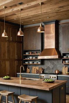 a large kitchen with wooden cabinets and stools next to an island in the middle