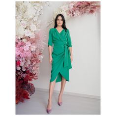 Wrap cocktail midi green dress with adjustable waist thanks to the help of two cords. It is very suitable for cocktail parties, wedding guest  and other special events. With the highlighted waist, this pink dress is very feminine, easy to wear and versatile. We have used size XS/S for these images. Dry cleaning is recommended or a very gentle and warm wash at 30°C maximum. Green Ruched Dress For Gala, Green Ruched Evening Dress For Party, Green Belted Evening Dress, Fitted Green Midi Dress For Gala, Elegant Ruched Wrap Dress For Cocktail, Green Dresses For Spring Gala, Elegant Ruched Cocktail Wrap Dress, Green Spring Gala Dress, Green Belted Midi Dress For Evening