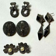 Vintage Judith Jack Marcasite Jewelry 4 Earring Lot Signed Silver Black Pearl 3 Signed Jj Judith Jack Pieces The Flower Earrings Have No Markings From My Grandmother’s Estate And Sold In As Found Condition, See Photos. Unsure If Ever Worn. Please Ask For More Information Or Photos If Required Before Purchasing Or Making Any Offers. Marcasite Jewelry, My Grandmother, Jack Black, Black Pearl, Flower Earrings, Black Silver, Vintage Jewelry, Jewelry Earrings, Women Jewelry