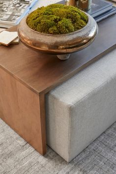 a moss covered bowl sitting on top of a wooden table