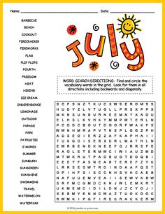 a word search page with the words summer and sun in red, yellow and orange