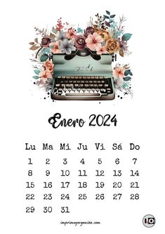 a calendar with an old fashioned typewriter and flowers on the front, in spanish