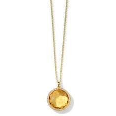 Bring a charming touch to your jewelry wardrobe with this pendant necklace. The centerpiece of its delicate 18K gold chain is a bezel-set honey citrine — the round, faceted cut is accentuated by .33 ctw of tiny diamonds for even more sparkle. An adjustable clasp means it can be worn at varying lengths. • 18K Gold 
• Gemstones: Diamond, Honey Citrine 
• Diamond Carat Weight: .33 
• Length: 16-18" Jewelry Wardrobe, 18k Gold Chain, Tiny Diamond, Stone Pendant Necklace, Diamond Carat, Round Pendant, Delicate Necklace, Stone Pendant, Pave Diamonds