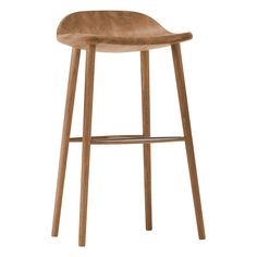 a wooden stool with a bent seat on the bottom and legs, against a white background