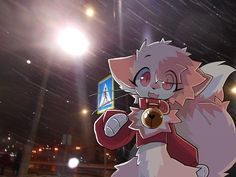 a cartoon character is holding a bell in the snow at night with street lights behind him