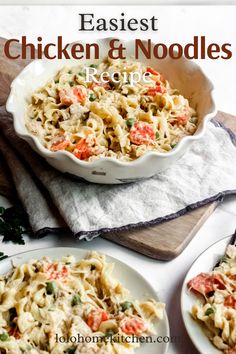 chicken and noodles recipe in a white bowl