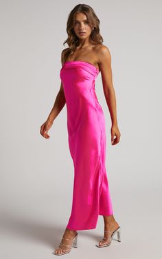 Tracey Maxi Dress - Strapless Back Drape Satin Dress in Pink | Showpo USA Pink Prom Dresses Satin, Pink Satin Strapless Dress, Satin Strapless Dress With Ruched Bodice For Date Night, Date Night Strapless Satin Dress With Ruched Bodice, Bright Pink Formal Dress, Strapless Ruched Satin Dress For Date Night, Strapless Satin Dress With Ruched Bodice For Night Out, Fitted Pre-draped Satin Slip Dress, Bandeau Strapless Bridesmaid Dress