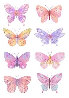 six different colored butterflies on a white background