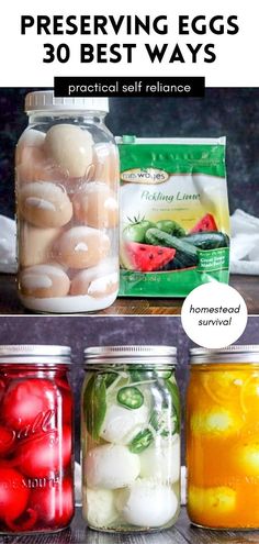 four jars filled with different types of food and the words preserver eggs 30 best ways