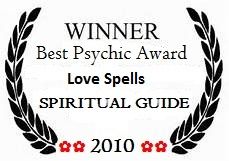 the winner badge for best psychic award, kennet love spells ritual guide 2010 is shown