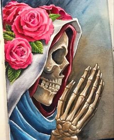 a painting of a skeleton with roses on its head and hands in front of it