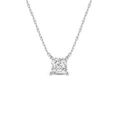 Your perfect daily go-to. This solitaire necklace features a white gold chain and princess-cut diamond on a four-prong basket. Its subtle sparkle delivers a clean, classy look that complements any ensemble. The timeless appeal of this minimalist diamond solitaire necklace also makes it the perfect gift. White Gold Solitaire Necklace For Wedding With Asscher Cut, Radiant Cut Solitaire Necklace For Formal Occasions, Classic Radiant Cut Single Diamond Necklace, Classic Solitaire Necklace With Princess Cut For Formal Occasions, Classic Radiant Cut Solitaire Necklace In White Gold, Classic White Gold Solitaire Necklace With Radiant Cut, White Gold Asscher Cut Solitaire Necklace For Wedding, Classic Princess Cut Solitaire Necklace For Formal Occasions, Princess Cut Necklace With Prong Setting For Formal Events