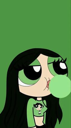 a cartoon character with long black hair and green eyes blowing bubbles in front of her face