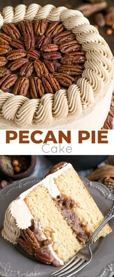 pecan pie cake with white frosting and pecans on top