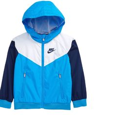 Nike Windrunner Water Resistant Hooded Jacket In Blue Hero Size: 4t Blue Nylon Track Jacket For Spring, Blue Sportswear Outerwear For Spring, Blue Spring Sportswear Outerwear, Blue Nylon Sportswear Outerwear, Blue Sports Windbreaker For Spring, Blue Sportswear Windbreaker For Winter, Blue Nylon Track Jacket For Outdoor Activities, Nike Sporty Windbreaker, Blue Sportswear Windbreaker For Spring