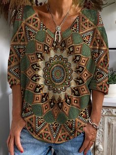 Women's Tribal Geometric Print T-Shirts Casual V-Neck Long Sleeve T-Shirt Green V-neck T-shirt With Graphic Print, Green Printed V-neck Top, Multicolor Print V-neck Top For Fall, Bohemian Multicolor V-neck Top, Bohemian Multicolor V-neck T-shirt, Casual Multicolor Print V-neck T-shirt, Green Bohemian Top With Graphic Print, Bohemian Printed V-neck Tops, Bohemian Cotton Top With Geometric Pattern