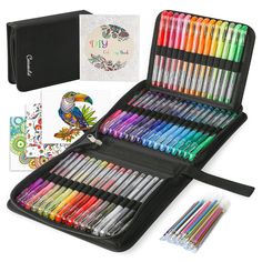 an open case filled with assorted colored pens and markers next to coloring book, pencils, and marker pens