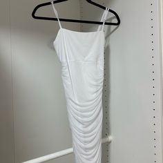 Never Worn, Very Flattering On, But Not See Through White Ruched Midi Bodycon Dress, White Ruched Dress With Spaghetti Straps, White Ruched Draped Dress, White Draped Ruched Dress, White Stretch Draped Dress, White Draped Stretch Dress, White Ruched Dresses For Spring, Long Midi, White Bodycon