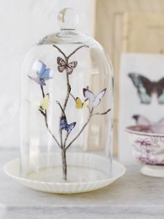 a glass clochet with butterflies on it sitting next to a plate and bowl