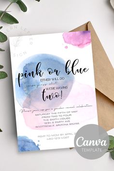 A pink and blue watercolor gender reveal invitation that is sold on etsy by Modern Letter. Says "Pink or Blue, Either Will Do! Because guess what.. We're Having Two!" Twin Gender Reveal Themes, Gender Reveal For Twins Ideas, Gender Reveal For Twins, Gender Reveal Invitation Ideas Template, Twin Gender Reveal Invitations