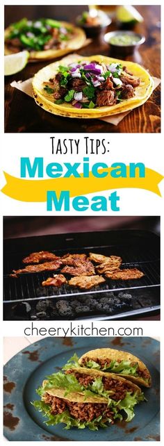 mexican meat is being cooked on an outdoor grill with the words tasty tips mexican meat