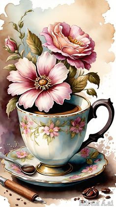 a painting of flowers in a teacup on a saucer with a cup and spoon