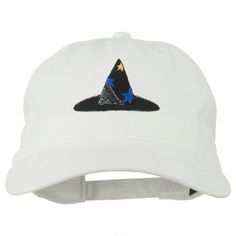 Halloween Wizard Hat Embroidered Cap Cotton Snapback Hat With Sweatband, Adjustable Cotton Brimmed Hat, White Embroidered Flat Bill Hat, White Cotton Baseball Cap Flat Bill, White Cotton Fitted Hat With Embroidered Logo, White Embroidered Cotton Baseball Cap, White Embroidered Cotton Snapback Hat, White Embroidered Cotton Dad Hat, Embroidered Logo Baseball Cap With Short Brim