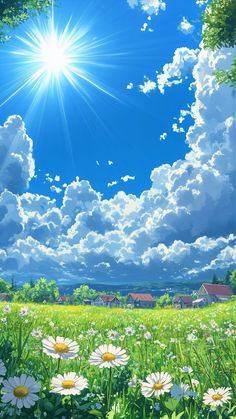 the sun shines brightly over a green field with daisies