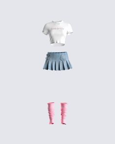 Dumb, but pretty 😚 This three-piece set features a rhinestone graphic top, denim pleated skirt, and pink ribbed leg warmers. Who needs brains when you look this good, let's be real 💅🏼 Finesse Studios, Trendy Fitted Spring Sets, Trendy Fitted Streetwear Sets, 90s Inspired Fitted Bottoms For Spring, 90s Inspired Fitted Spring Bottoms, Fitted 90s Inspired Spring Bottoms, Pink Fitted Casual Set, Trendy Fitted Pink Sets, Fitted Denim Sets For Spring