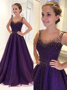 A-Line/Princess Scoop Floor-Length Tulle Sleeveless Beading Dresses Prom Dress Purple, Purple Evening Dress, Muslim Evening Dresses, Purple Prom, Floor Length Prom Dresses, Purple Prom Dress, Beaded Prom Dress, Prom Ideas, Ball Gowns Prom