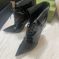 Worn Just A Night Of Special Event. Size Us8 Sjp Shoes Sjp By Sarah Jessica Parker, Sarah Jessica Parker Shoes, Black Patent Boots, Patent Boots, Sarah Jessica, Sarah Jessica Parker, Zara Shoes, Black Patent Leather, Lace Boots