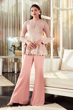 Embroidered georgette peplum top with embroidered georgette pants Fabric: Peplum: geogettePants: georgette Color: Deep Onion Pink No. Of Pieces: 2 Wash Care: Dry clean Style Code: RMSC-25 Peplum Top With Pants Indian, A Line Plazo Designs, Peplum Top With Plazo, Plazo Pants Design Western, Peplum With Plazo, Ethnic Coord Sets For Women, Peplum Top Outfits Indian, Peplum Pants