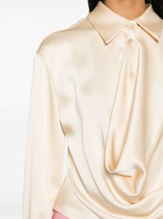 Find BLUMARINE Angora Draped Satin Shirt on Editorialist. beige crepe texture satin finish draped design pointed flat collar front button fastening drop shoulder long sleeves buttoned cuffs curved hem Curved Hem Top, Pointed Flat Collar, Satin Shirts, Flat Collar, Shirt Cuff, Designer Drapes, Satin Shirt, Satin Blouse, Green Blouse