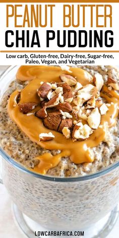 a bowl filled with oatmeal topped with nuts and caramel sauce in front of the words, peanut butter chia pudding low carb gluff - free, dairy - free, dairy - free, sugar - free,