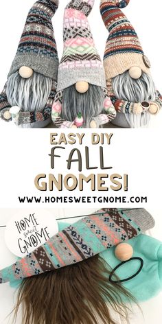 three gnomes made out of yarn with text overlay that says easy diy fall gnomes