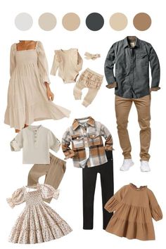 a collage of clothes and clothing items including baby's dress, pants, shirt, shoes, hat, sweaters