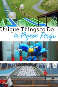 two pictures with the words unique things to do in pigeon force and an image of people playing